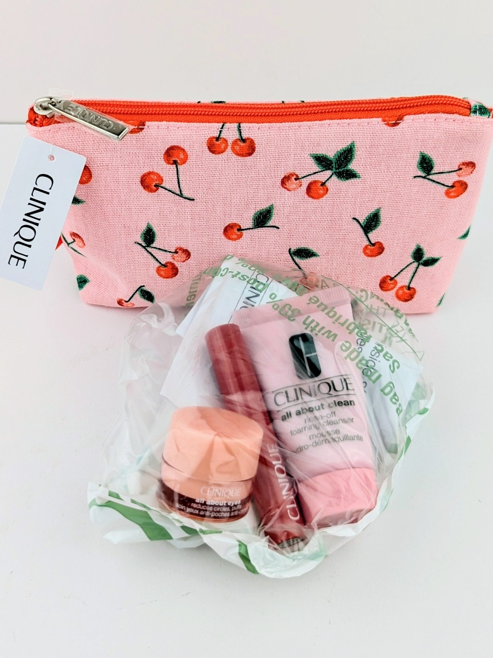 Clinique Pink Cherry Print Cosmetic Pouch with Pink Honey Lipstick & More